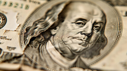 one hundred dollar bills, torn dollar bill, currency inflation concept