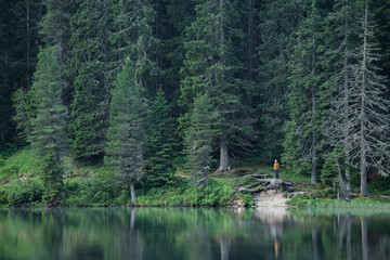 Person Standing By Tranquil Lake Surrounded By Dense Forest Under Overcast Sky