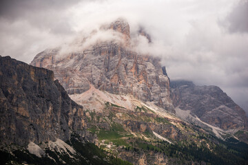 Majestic Dolomites Landscape Under A Dramatic Overcast Sky In Early Morning Light