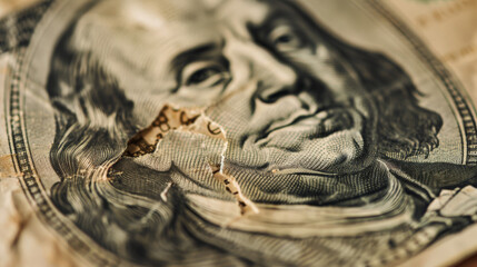 one hundred dollar bills, torn dollar bill, currency inflation concept