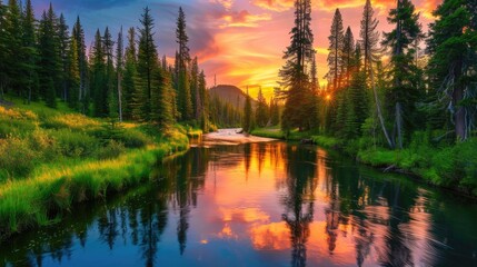 Sunset over a tranquil forest with a river running through