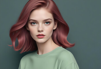 Naklejka premium Young woman with dyed pink hair and fashionable clothes posing on green background