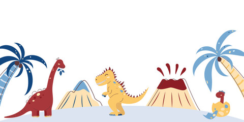 Horizontal web banner with cute dinosaurs. Dinosaur Kids Style. Cute character. Flat vector illustration. © plaksik13