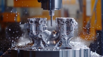 A closeup scene of a 5axis machining center cutting a V8 engine cylinder block with a solid ball end mill tool illustrating the highprecision automotive manufacturing process with a