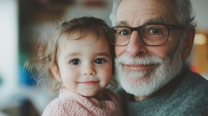 A grandfather and his granddaughter share a joyful moment indoors, smiling together in a warm and loving atmosphere