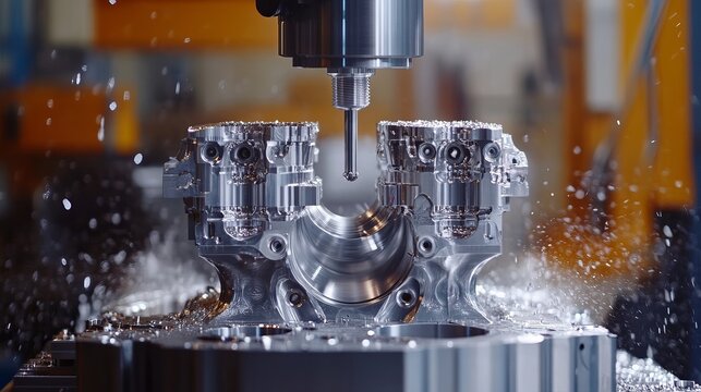 A closeup scene of a 5axis machining center cutting a V8 engine cylinder block with a solid ball end mill tool illustrating the highprecision automotive manufacturing process with a