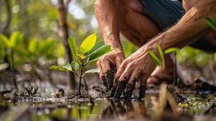 Close up photo Male hands planting mangroves reflecting the consciousness of preserving the mangrove ecosystem 