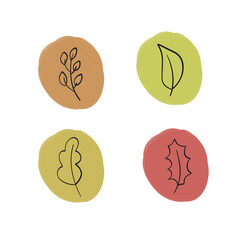 Set of leaves line art on colorful blots. Set of autumn design elements.