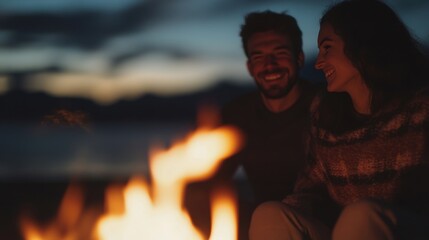Fototapeta premium A couple shares joyful moments by the campfire, surrounded by nature at night