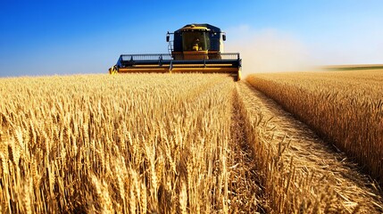 A combine harvester in operation in a wheat field