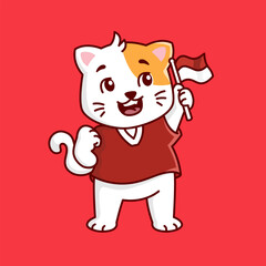cute cat holds the Indonesian flag in a left hand Vector Illustration Icon. Flat Cartoon Style