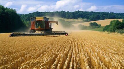 Obraz premium A combine harvester in operation in a wheat field