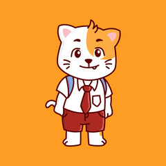 cute cat wearing red and white school uniform Vector Illustration Icon. Flat Cartoon Style