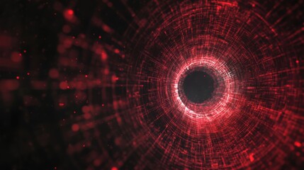 Obraz premium A captivating red digital wormhole tunnel draws viewers into an immersive, swirling vortex of light and color