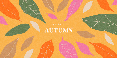 Trendy art style abstract autumn poster, cover, card with bright beautiful leaves and plants. Fall background, Sale banner, or flyer design. Template for advertising, web, social media, print