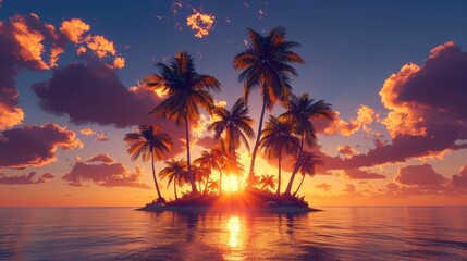 Obraz premium The sun setting behind a cluster of palm trees on a small island