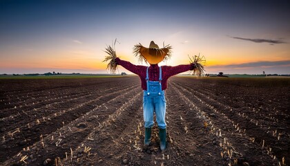 Fototapeta premium Scarecrow in the field at sunset