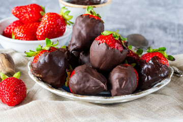 Fresh strawberries dipped in dark chocolate