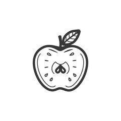 Obraz premium A Black and White Line Drawing of a Halved Apple with a Leaf