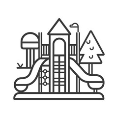 A Black and White Line Drawing of a Playground with a Slide Tower and Tree