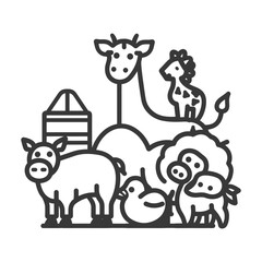 A Black and White Line Drawing of a Pig Chick Giraffe and a Hay Bale