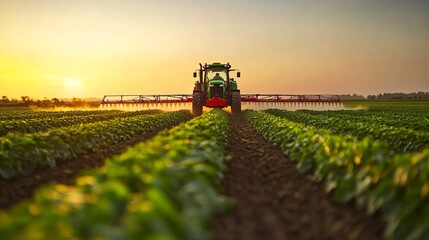 A tractor sprays pesticides on a vegetable field using a sprayer in the spring