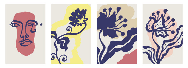 Posters or cards set with ink brush abstract flower sketch and grungy organic shapes. Black silhouettes of minimalist doodle floral elements and geometric designs compositions bundle