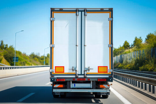18 wheeler back - Back view of semi truck traveling down highway towards horizon under clear blue sky