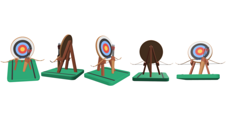 PNG archery set 3D icon different position Olympic sport games social media post isolated on whit
