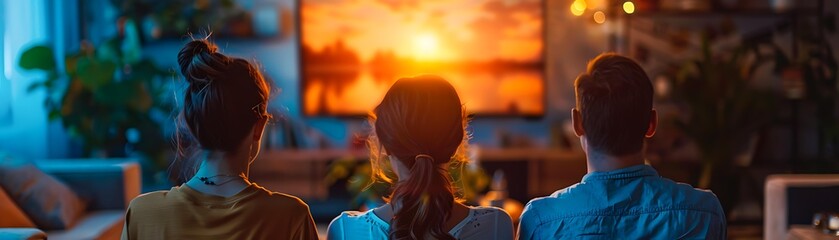 Three friends sit in a cozy living room, watching a sunset on a large TV, Ideal for themes of relaxation, home entertainment, and togetherness,