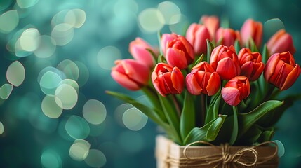 Fototapeta premium A bouquet of vibrant red tulips in a rustic wooden basket with a soft, bokeh-filled background ideal for springtime promotions, romantic occasions, or floral-themed designs,