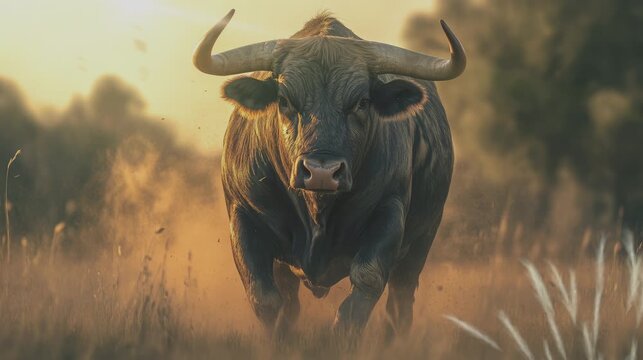 The bull is running on dry grass . seamless looping time-lapse virtual video Animation Background.