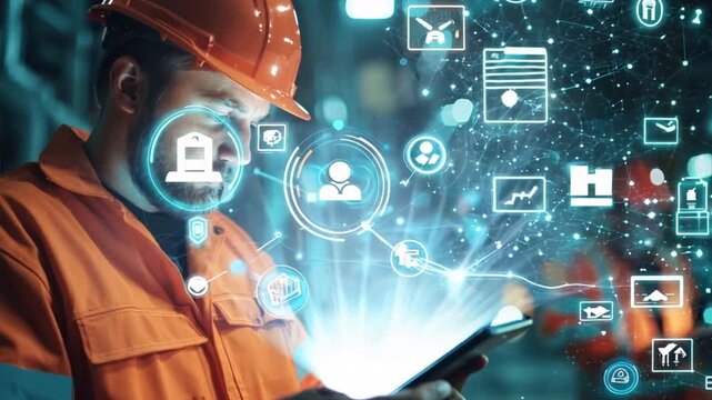 An industrial worker uses a smartphone with various animated icons on top, showing the integration of global communications business networks and digital technology in a hyper-realistic scene.