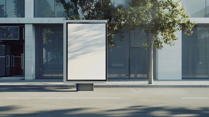 Blank White Bus Stop Vertical Billboard Mockup In Front Of An Empty Street Outdoor Advertising Lightbox On The Sidewalk : Generative AI
