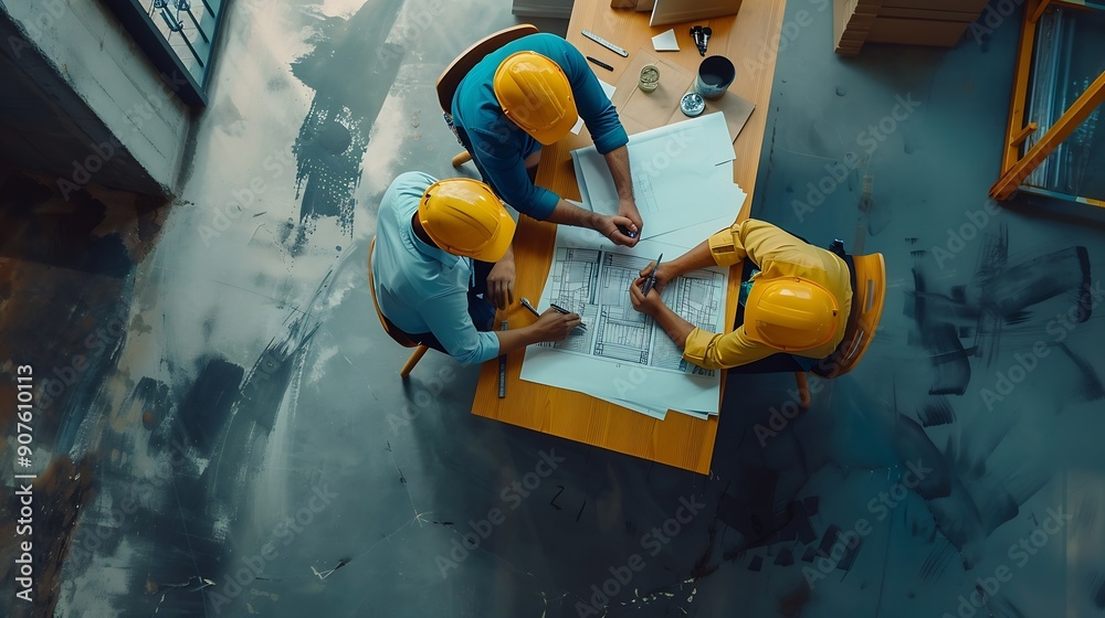 Fototapete Top aerial view of project manager or civil engineer writing at blueprint and planning building design Aerial view of architect working together at meeting table with document placed A : Generative AI