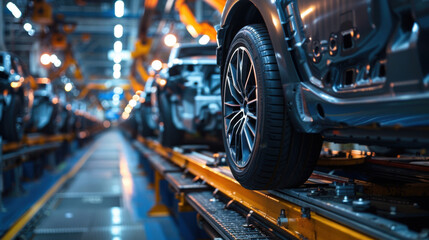 Close-up of a car tire on an assembly line in a modern automobile factory, showcasing industrial manufacturing processes.