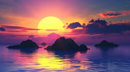 The sun setting behind a series of small