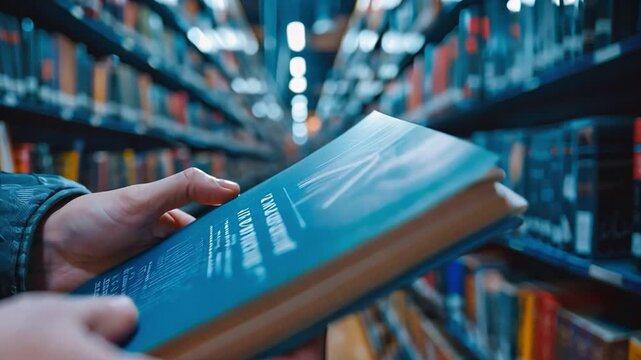 hands opening textbooks to read instructional material next to a college book shelfacademic reading desk in the school library 