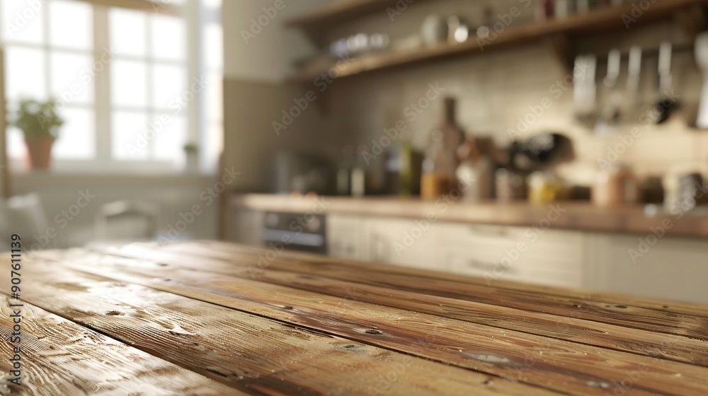 Poster Wood table top on blurred kitchen background can be used mock up for montage products display or design layout : Generative AI