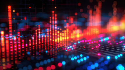 A vibrant, abstract representation of financial data with colorful lights and bar charts, symbolizing digital economy and analytics.