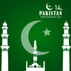 A green background with a white crescent moon and star in the center flanked by two minarets 14 PAKISTAN INDEPENDENCE DAY is written above in white text






