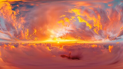 Golden glowing sunset sky panorama pink orange clouds Hdr seamless spherical equirectangular 360 panorama Sky dome or zenith for 3D visualization and sky replacement for aerial drone 3 : Generative AI