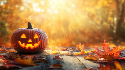 autumn background with a Halloween pumpkin on a wooden table
