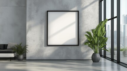 Abstract mockup of an empty black frame on the concrete wall in loft interior
