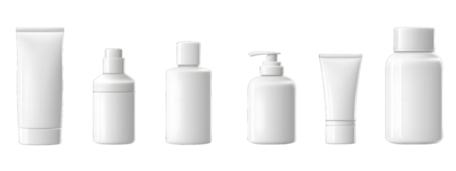 A set of different white cosmetic bottles and jars isolated on transparent background