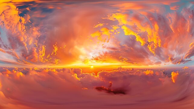 Golden glowing sunset sky panorama pink orange clouds Hdr seamless spherical equirectangular 360 panorama Sky dome or zenith for 3D visualization and sky replacement for aerial drone 3 : Generative AI