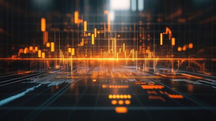 Dynamic financial chart with glowing orange data lines and digital interface showcasing market trends and statistics.
