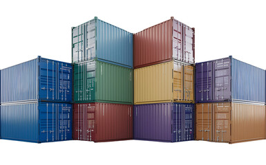 Stack of multicolored shipping containers isolated on transparent background