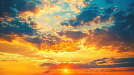Fototapeta premium Sunset Sky cloud in the Morning Sunrise with Orange Yellow Golden Hour Sunrise on Summer season Horizon Dusk Sky Dramatic Nature Background : Generative AI