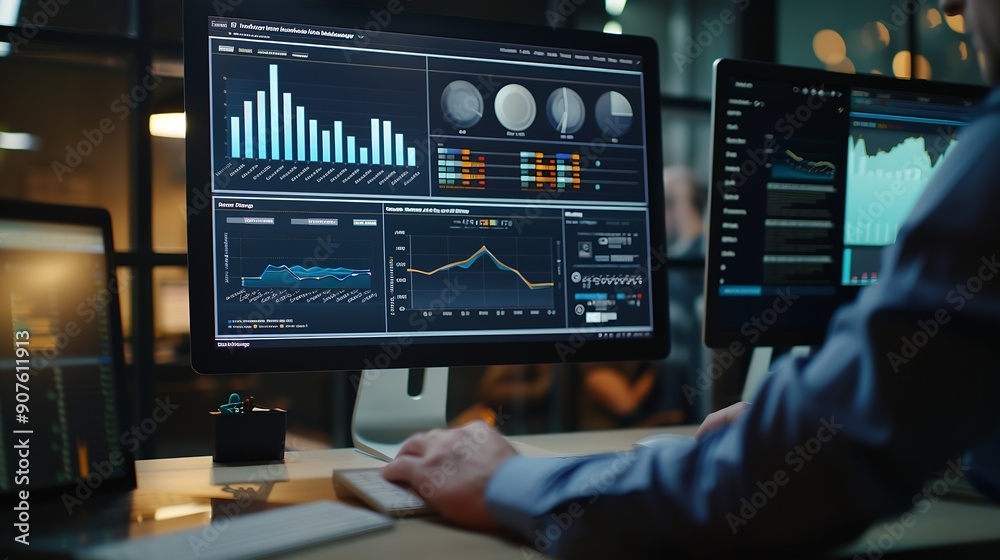 Aufkleber An analyst uses a computer and dashboard for data business analysis and Data Management System with KPI and metrics connected to the database for technology finance operations sales ma : Generative AI